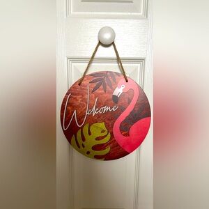 Flamingo Tropical Palm Leaf Welcome Wooden Round Hanging Sign